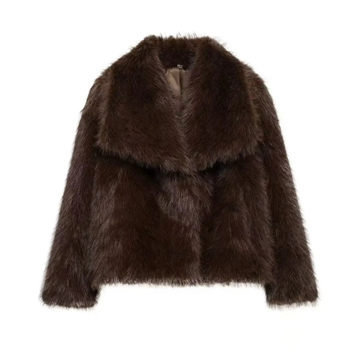 Casaco feminino de inverno com gola alta, confeccionado em couro sintético ecológico e moderno com forro de pele sintética solta.