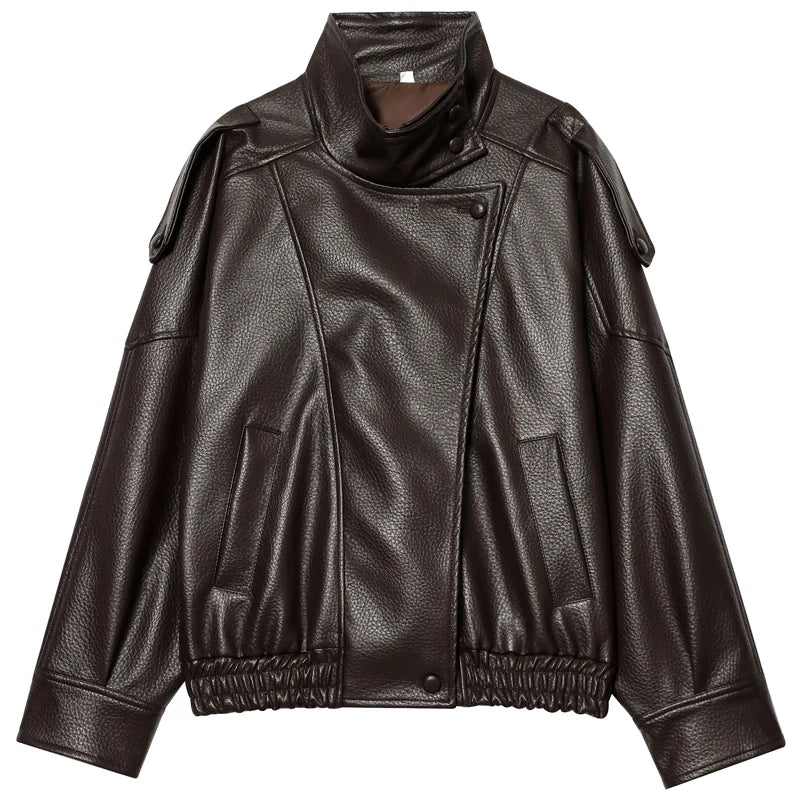 Jaqueta Bomber Feminina HXAO - Nova Coleção - Couro Preto - Modelo Cropped Oversize