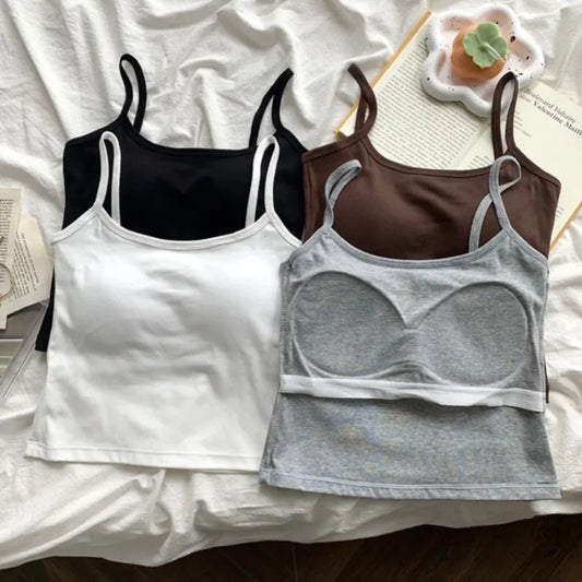 1PC Camiseta Regata Fina Feminina de Cor Sólida com Alças Finas e Bojo