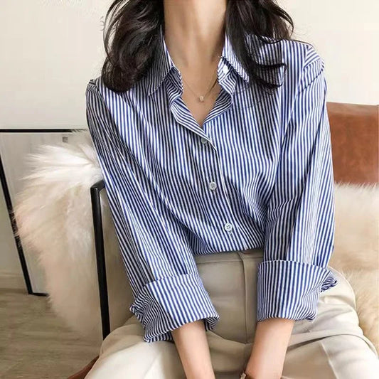 Blusas Clássicas Listradas Femininas de Primavera e Outono Camisa Senhora Manga Longa Lanterna Gola Alta Solta Blusas Tops