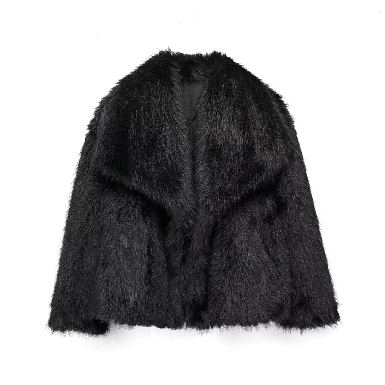 Casaco feminino de inverno com gola alta, confeccionado em couro sintético ecológico e moderno com forro de pele sintética solta.