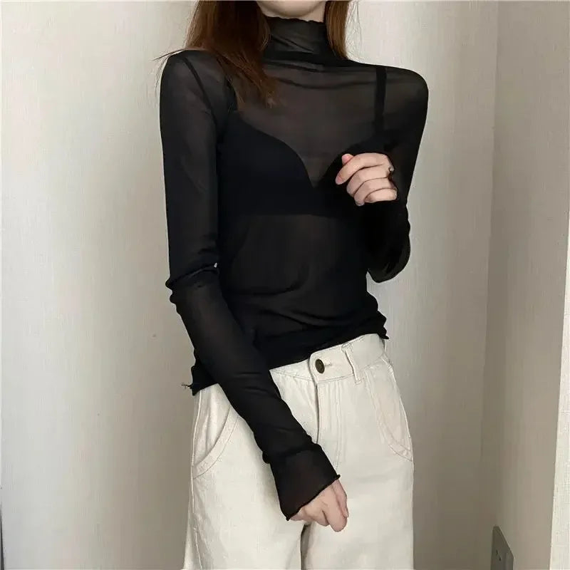 Blusa feminina nova com renda floral, manga longa, sexy, com detalhes em tule na barra, gola alta, estilo pulôver
