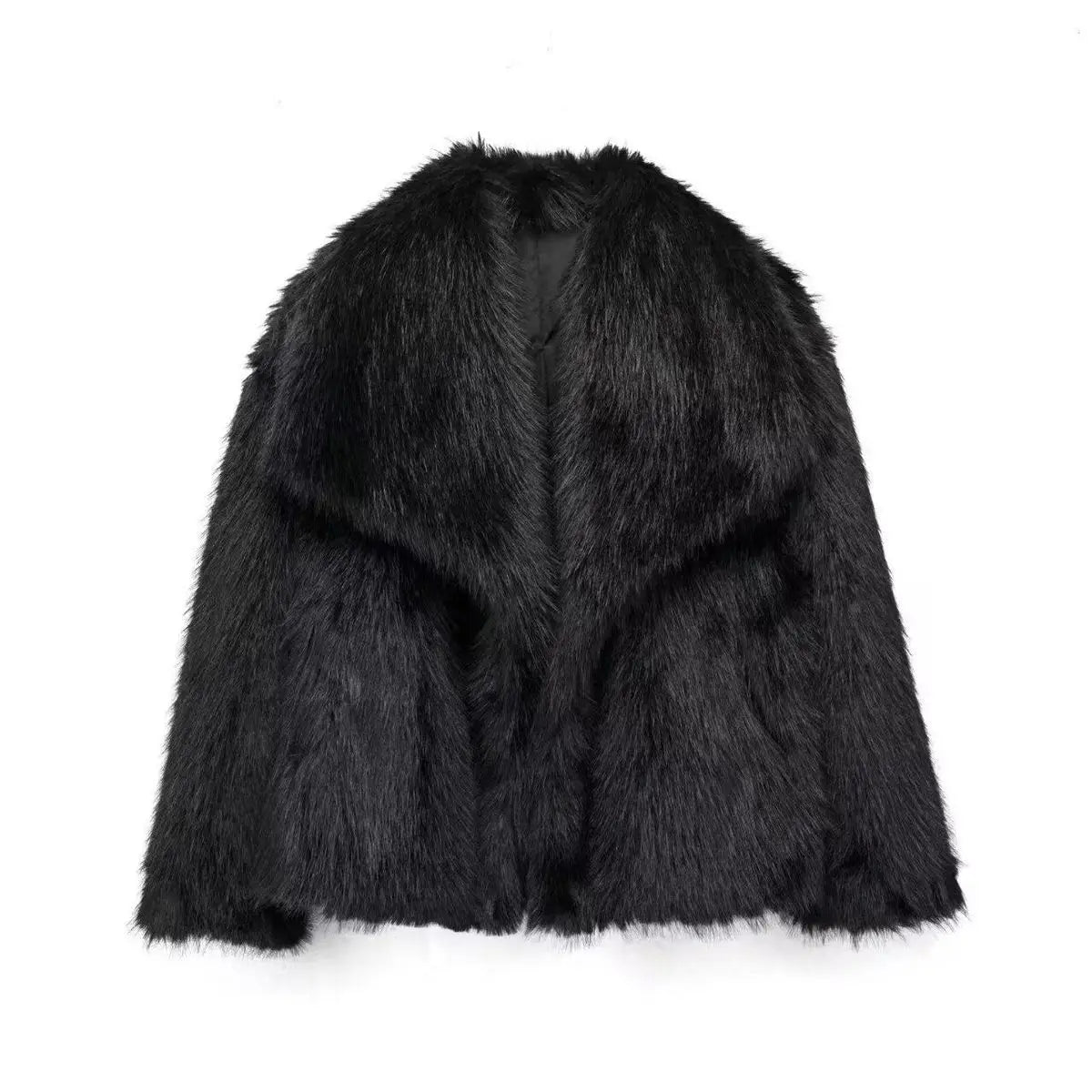 Casaco feminino de inverno com gola alta, confeccionado em couro sintético ecológico e moderno com forro de pele sintética solta.