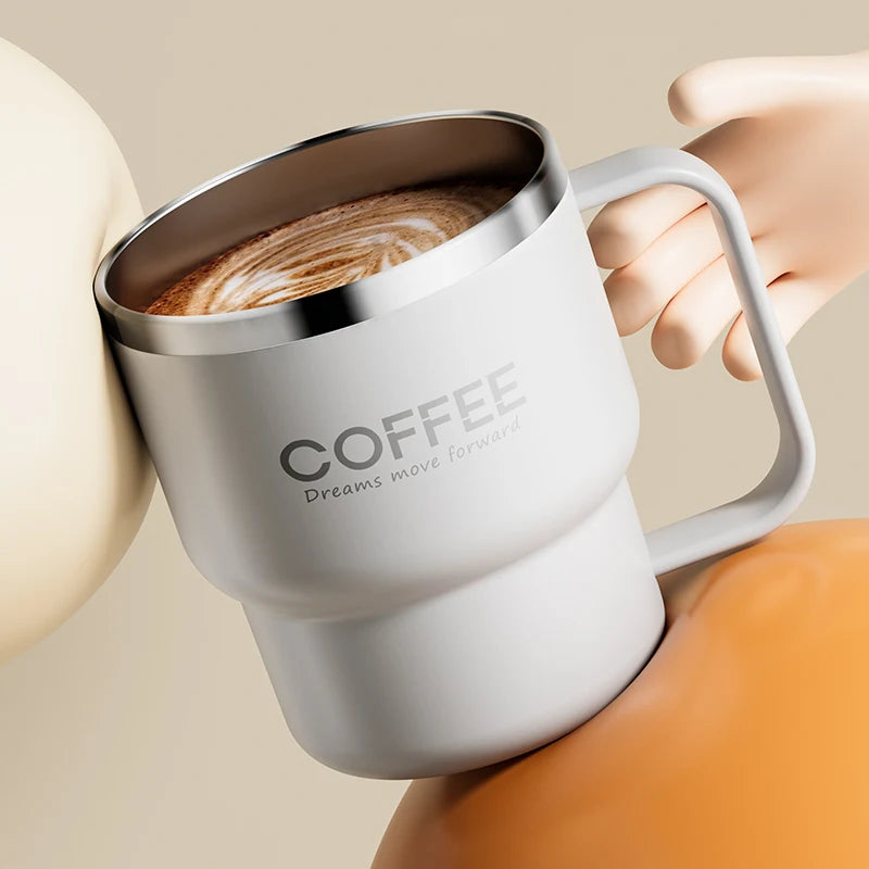 Copo de Café Isolado de Parede Dupla WORTHBUY 304 de Aço Inoxidável com Alça, Portátil, à Prova de Vazamentos, Copo de Água para Estudantes, Caneca de Leite e Café