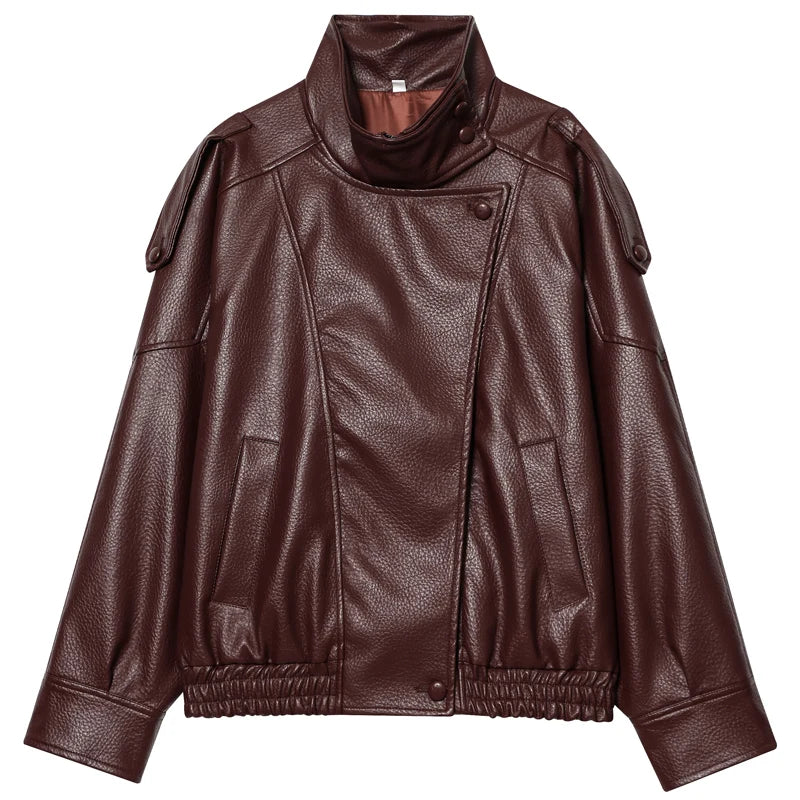 Jaqueta Bomber Feminina HXAO - Nova Coleção - Couro Preto - Modelo Cropped Oversize