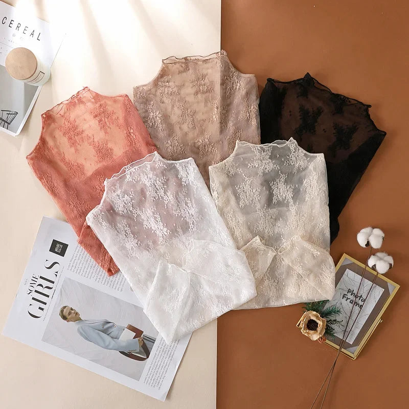 Blusa feminina nova com renda floral, manga longa, sexy, com detalhes em tule na barra, gola alta, estilo pulôver