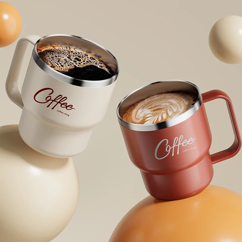 Copo de Café Isolado de Parede Dupla WORTHBUY 304 de Aço Inoxidável com Alça, Portátil, à Prova de Vazamentos, Copo de Água para Estudantes, Caneca de Leite e Café