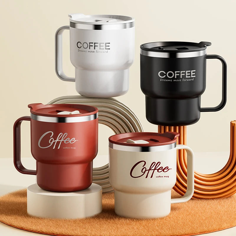Copo de Café Isolado de Parede Dupla WORTHBUY 304 de Aço Inoxidável com Alça, Portátil, à Prova de Vazamentos, Copo de Água para Estudantes, Caneca de Leite e Café