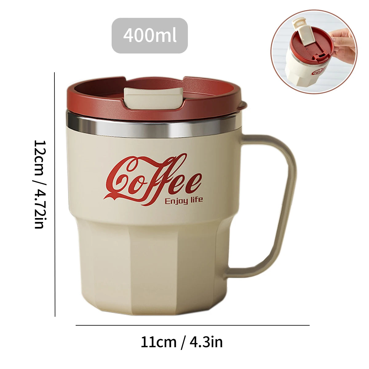 Copo de Café Isolado de Parede Dupla WORTHBUY 304 de Aço Inoxidável com Alça, Portátil, à Prova de Vazamentos, Copo de Água para Estudantes, Caneca de Leite e Café