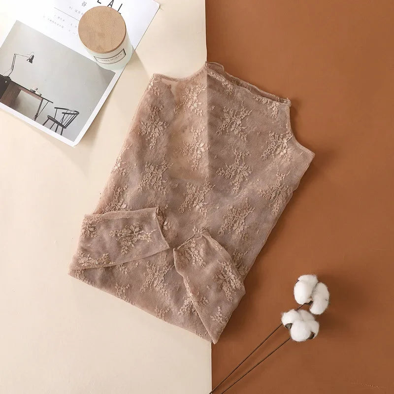 Blusa feminina nova com renda floral, manga longa, sexy, com detalhes em tule na barra, gola alta, estilo pulôver