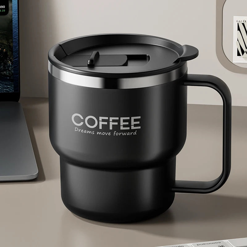 Copo de Café Isolado de Parede Dupla WORTHBUY 304 de Aço Inoxidável com Alça, Portátil, à Prova de Vazamentos, Copo de Água para Estudantes, Caneca de Leite e Café