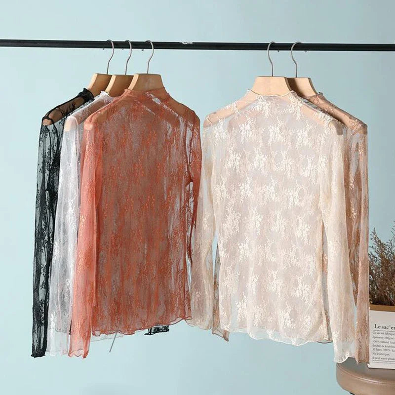 Blusa feminina nova com renda floral, manga longa, sexy, com detalhes em tule na barra, gola alta, estilo pulôver
