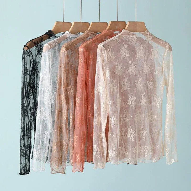 Blusa feminina nova com renda floral, manga longa, sexy, com detalhes em tule na barra, gola alta, estilo pulôver