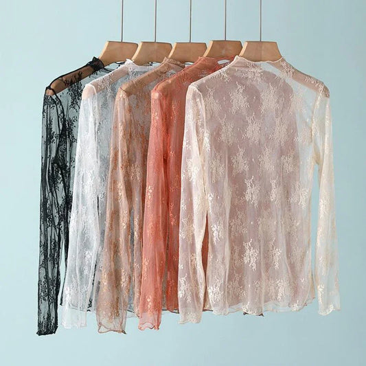 Blusa feminina nova com renda floral, manga longa, sexy, com detalhes em tule na barra, gola alta, estilo pulôver