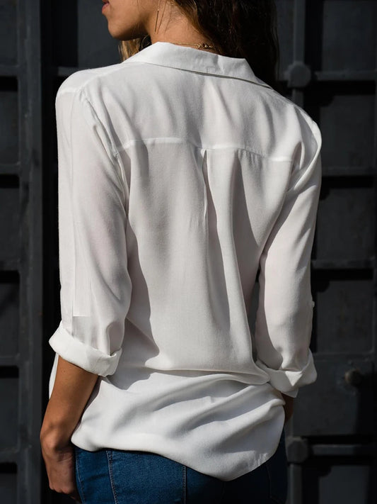 Blusa Casual Feminina de Manga Longa em Chiffon Elegante com Gola Solta Camisa