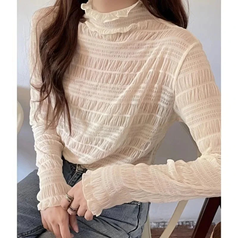 Blusa feminina nova com renda floral, manga longa, sexy, com detalhes em tule na barra, gola alta, estilo pulôver