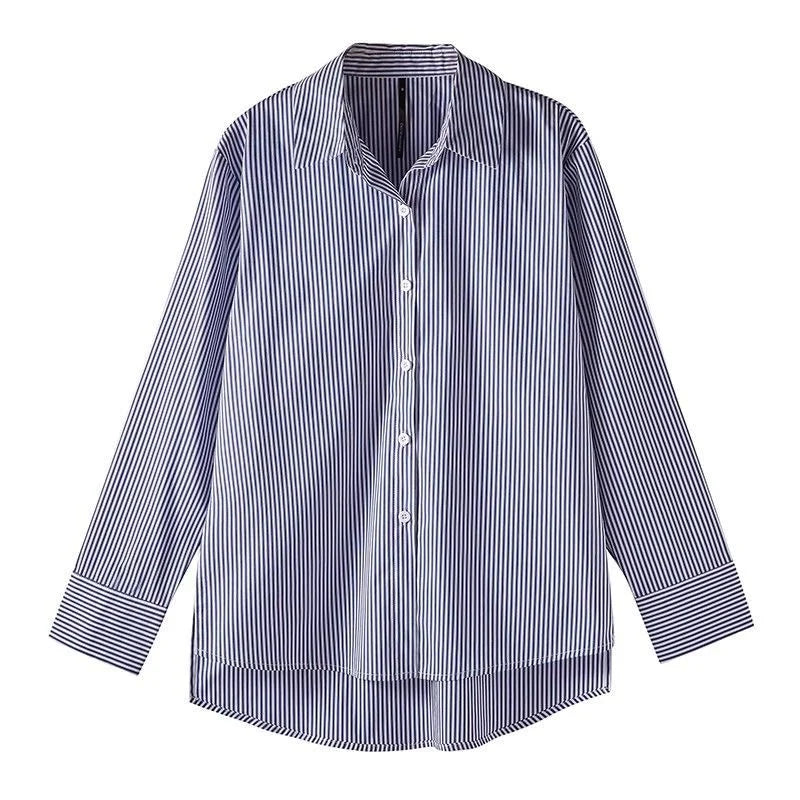 Blusas Clássicas Listradas Femininas de Primavera e Outono Camisa Senhora Manga Longa Lanterna Gola Alta Solta Blusas Tops