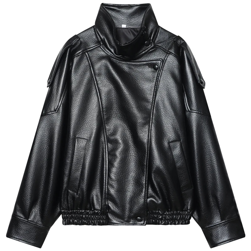 Jaqueta Bomber Feminina HXAO - Nova Coleção - Couro Preto - Modelo Cropped Oversize