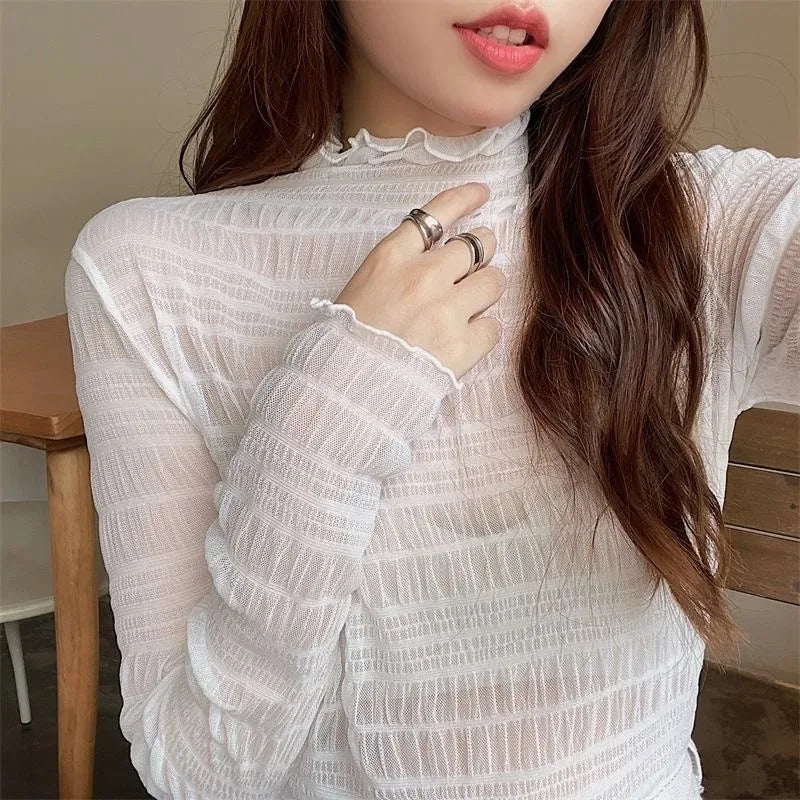 Blusa feminina nova com renda floral, manga longa, sexy, com detalhes em tule na barra, gola alta, estilo pulôver
