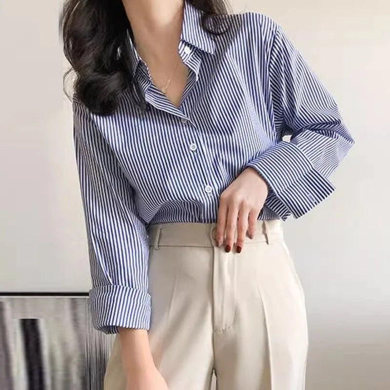 Blusas Clássicas Listradas Femininas de Primavera e Outono Camisa Senhora Manga Longa Lanterna Gola Alta Solta Blusas Tops