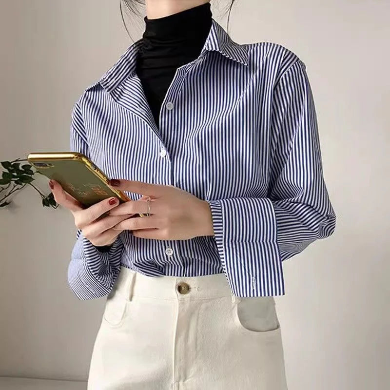 Blusas Clássicas Listradas Femininas de Primavera e Outono Camisa Senhora Manga Longa Lanterna Gola Alta Solta Blusas Tops