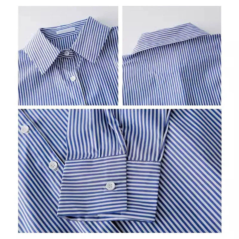 Blusas Clássicas Listradas Femininas de Primavera e Outono Camisa Senhora Manga Longa Lanterna Gola Alta Solta Blusas Tops