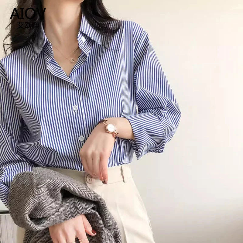 Blusas Clássicas Listradas Femininas de Primavera e Outono Camisa Senhora Manga Longa Lanterna Gola Alta Solta Blusas Tops