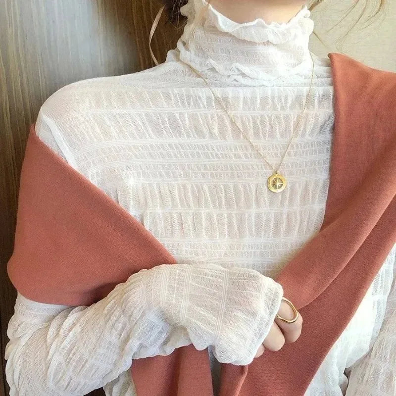 Blusa feminina nova com renda floral, manga longa, sexy, com detalhes em tule na barra, gola alta, estilo pulôver