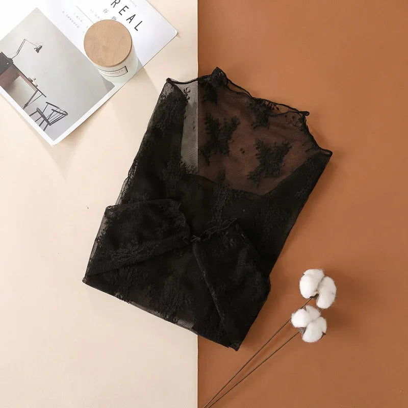 Blusa feminina nova com renda floral, manga longa, sexy, com detalhes em tule na barra, gola alta, estilo pulôver